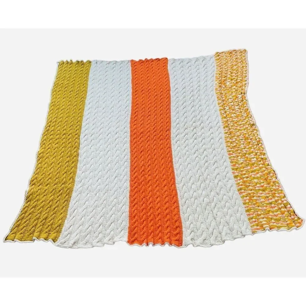 Vintage 1970s Cable Knit Handmade Afghan Throw Blanket Orange Cream Gold 67